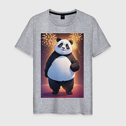 Футболка хлопковая мужская Панда в свитере под салютом - ai art, цвет: меланж