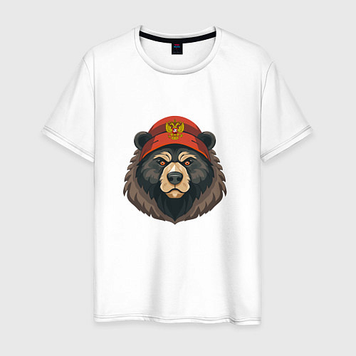 Мужская футболка Русский медведь в шапке с гербом / Белый – фото 1