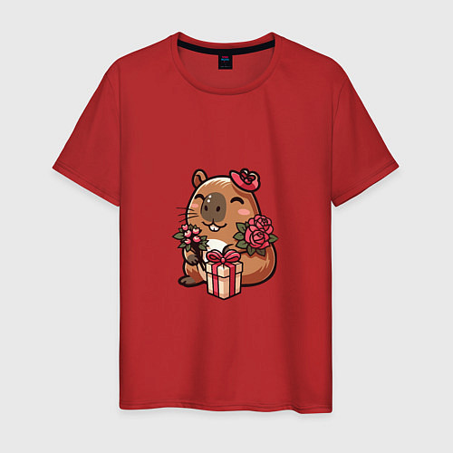 Мужская футболка Капибара с подарком и цветами / Красный – фото 1