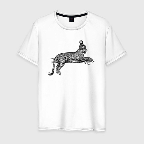 Мужская футболка Леопард в шапке лежит / Белый – фото 1