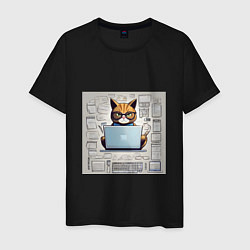 Футболка хлопковая мужская Кот программист за ноутбуком, цвет: черный