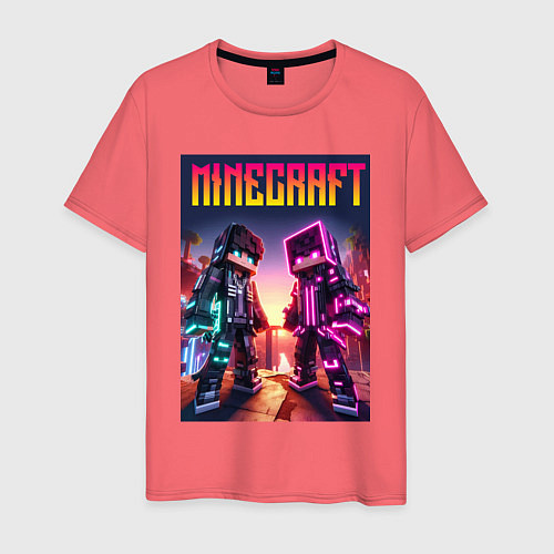 Мужская футболка Minecraft - neon fantasy ai art / Коралловый – фото 1