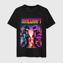 Футболка хлопковая мужская Minecraft - neon fantasy ai art, цвет: черный