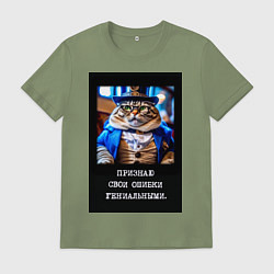 Футболка хлопковая мужская Толстый кот стимпанк: признаю свои ошибки гениальн, цвет: авокадо