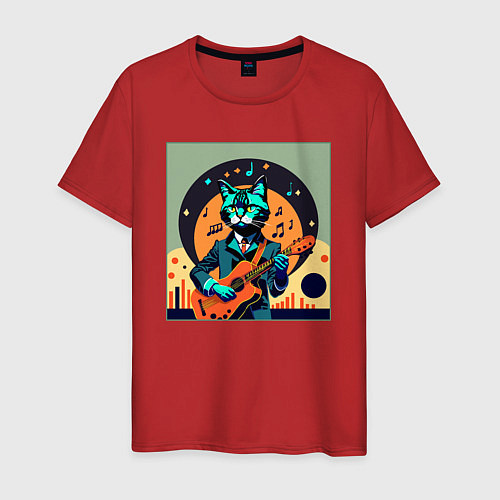 Мужская футболка Кот с гитарой в стиле Дэвида Боуи / Красный – фото 1