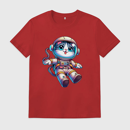 Мужская футболка Котёнок бравый космонавт - нейросеть / Красный – фото 1