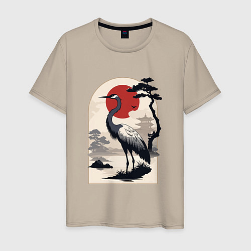 Мужская футболка Журавль в японском стиле / Миндальный – фото 1