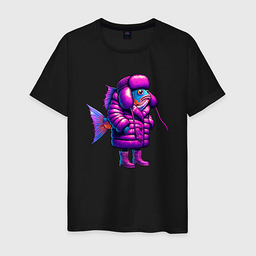Мужская футболка Рыба в ушанке и фиолетовой шубе / Черный – фото 1