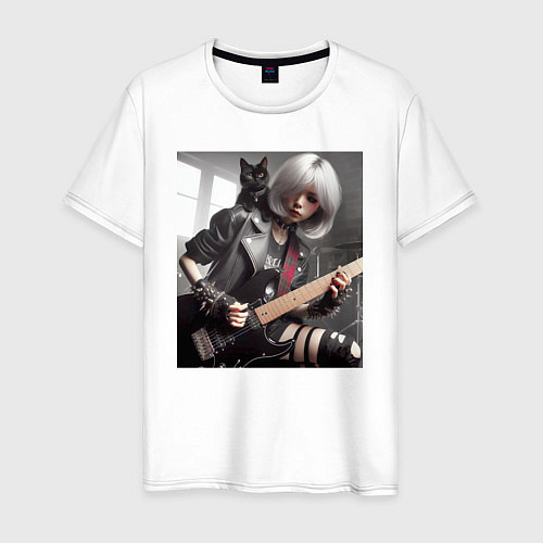 Мужская футболка Девчонка рок гитарист с чёрным котом / Белый – фото 1