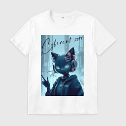 Футболка хлопковая мужская Cybercat 2099 - ai art, цвет: белый