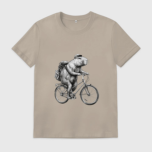 Мужская футболка Капибара на велосипеде в черном цвете / Миндальный – фото 1