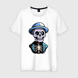 Футболка хлопковая мужская Скелет в синей шляпе, цвет: белый