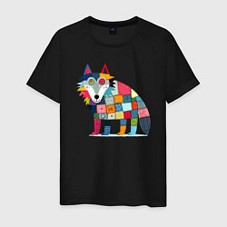 Футболка хлопковая мужская Funny wolf - patchwork ai art, цвет: черный