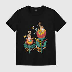 Футболка хлопковая мужская Милые гномы в цветах, цвет: черный