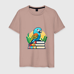 Футболка хлопковая мужская Попугай на стопке книг, цвет: пыльно-розовый