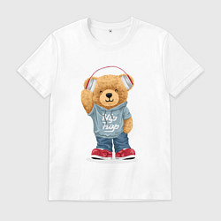 Футболка хлопковая мужская Плюшевый мишка в наушниках, цвет: белый