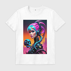 Мужская футболка Девушка в стиле киберпанк с черепом - нейросеть