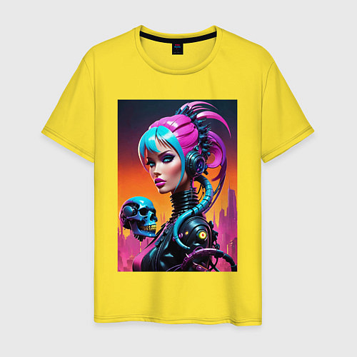 Мужская футболка Девушка в стиле киберпанк с черепом - нейросеть / Желтый – фото 1