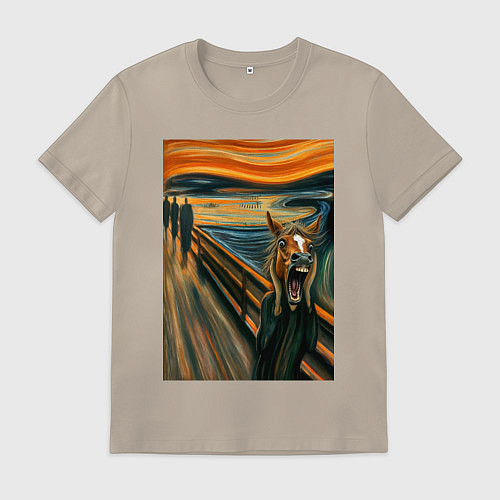 Мужская футболка Лошадь кричит - мем картина от нейросети / Миндальный – фото 1