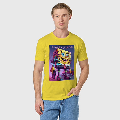 Мужская футболка Sponge Bob with a pistol - cyberpunk ai art / Желтый – фото 3