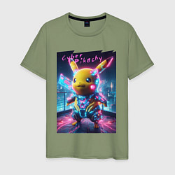 Футболка хлопковая мужская Cyber Pikachu - neon glow ai art fantasy, цвет: авокадо