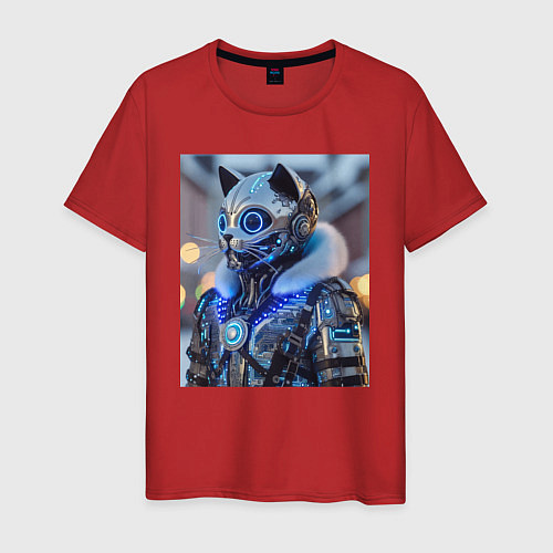 Мужская футболка Cyber cat - ai art fantasy / Красный – фото 1