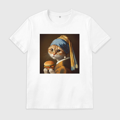 Мужская футболка Забавная кошка с бургером в лапах в стиле картины / Белый – фото 1