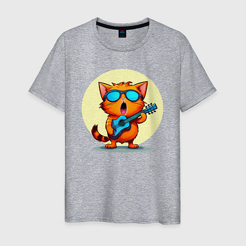Мужская футболка Рыжий кот с гитарой поет песню / Меланж – фото 1