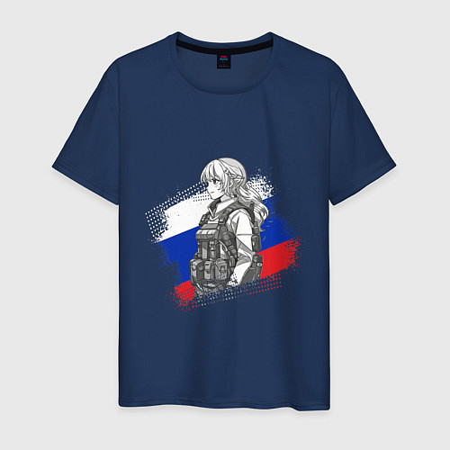 Мужская футболка Аниме девушка на фоне триколора / Тёмно-синий – фото 1