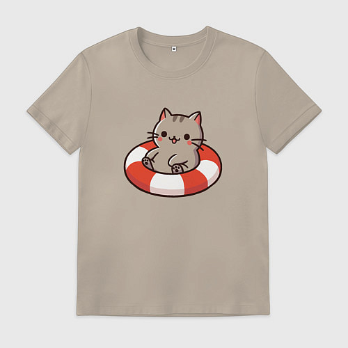 Мужская футболка Забавный милый котик плавает в надувном круге / Миндальный – фото 1