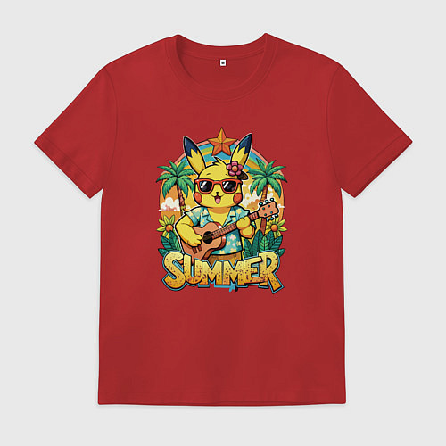 Мужская футболка Пикачу с гитарой на гаваях - жаркое лето / Красный – фото 1