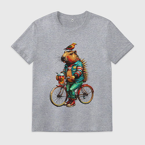 Мужская футболка Капибара велосипед птичка на голове / Меланж – фото 1