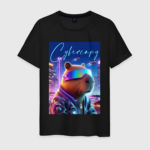 Мужская футболка Cyber capybara - neon metropolis / Черный – фото 1