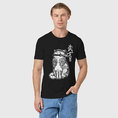Мужская футболка Кот самурай - сёто в зубах / Черный – фото 3