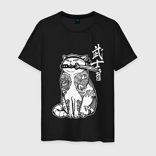 Мужская футболка Кот самурай - сёто в зубах / Черный – фото 1
