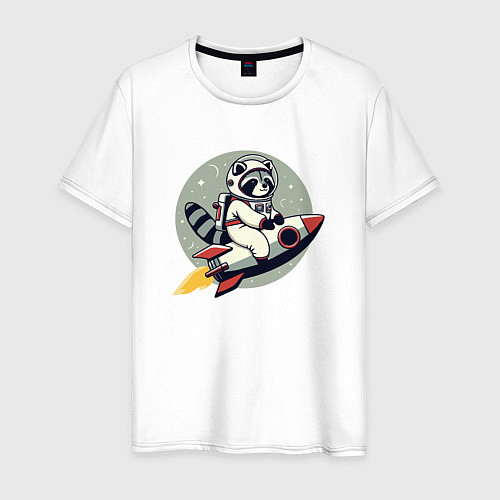 Мужская футболка Забавный енот космонавт в космосе полет на луну / Белый – фото 1