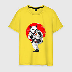 Футболка хлопковая мужская Панда каратист в кимоно на красном фоне, цвет: желтый