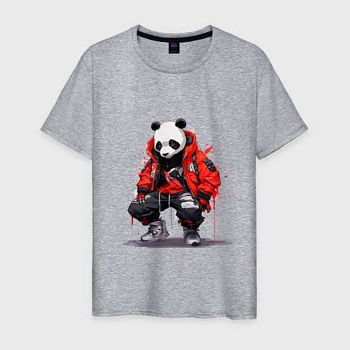Мужская футболка Модная панда в красной куртке / Меланж – фото 1