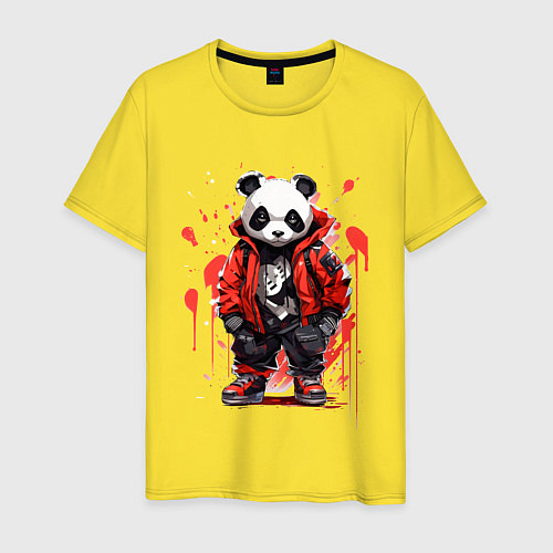 Мужская футболка Модная панда в красной куртке / Желтый – фото 1