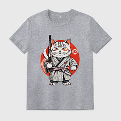 Мужская футболка Ниндзя кот с саблей красное солнце