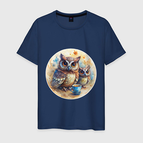 Мужская футболка Совушки с кофе / Тёмно-синий – фото 1