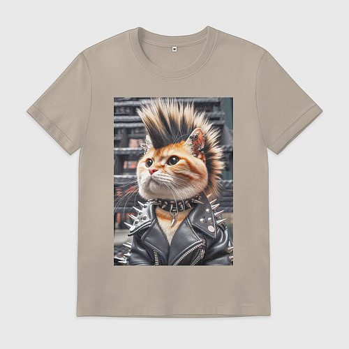 Мужская футболка Прикольный котик панк - нейросеть / Миндальный – фото 1