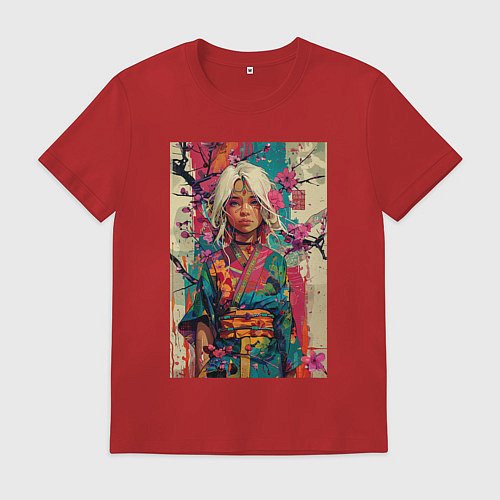 Мужская футболка Белокурая индейская девушка в японском кимоно - жи / Красный – фото 1