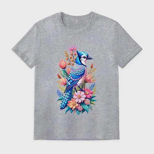 Мужская футболка Голубая сойка среди цветов / Меланж – фото 1