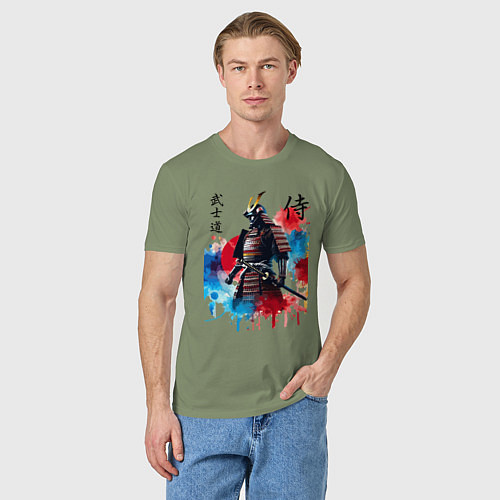 Мужская футболка Японский самурай - акварель / Авокадо – фото 3