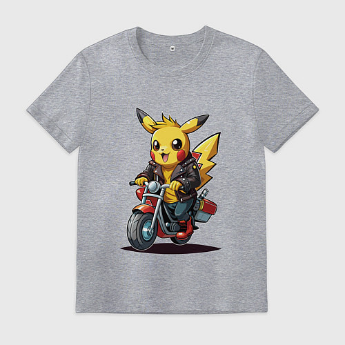 Мужская футболка Пикачу на ретро мотоцикле / Меланж – фото 1