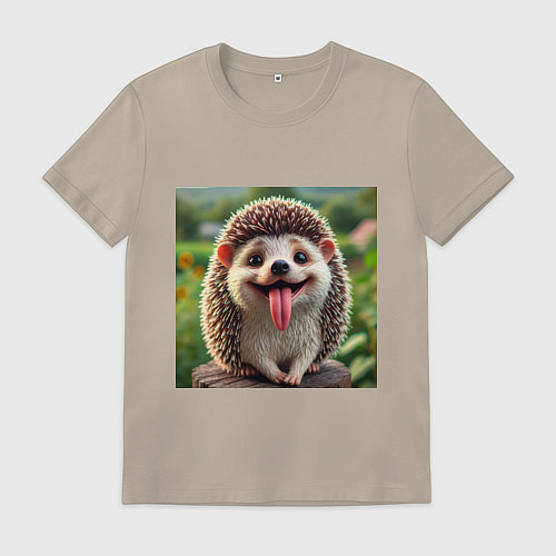 Мужская футболка Милый ежик с высунутым языком / Миндальный – фото 1