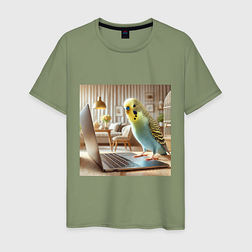 Мужская футболка Волнистый попугай с ноутбуком / Авокадо – фото 1
