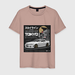Футболка хлопковая мужская Nissan Skyline годзила, цвет: пыльно-розовый