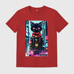 Мужская футболка Котёнок в мегаполисе - киберпанк
